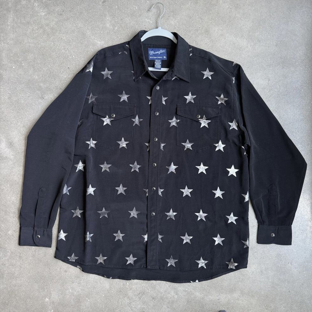 Vintage Wrangler Mens XL Black Western Shirt‎ Silver Stars Pearl Snap Cowboy VTG